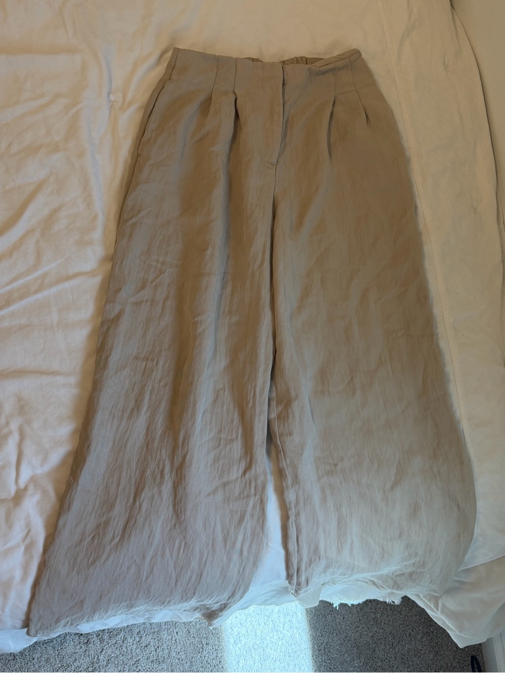 Zara Wide-Leg Linen-Blend Pants in Light Beige